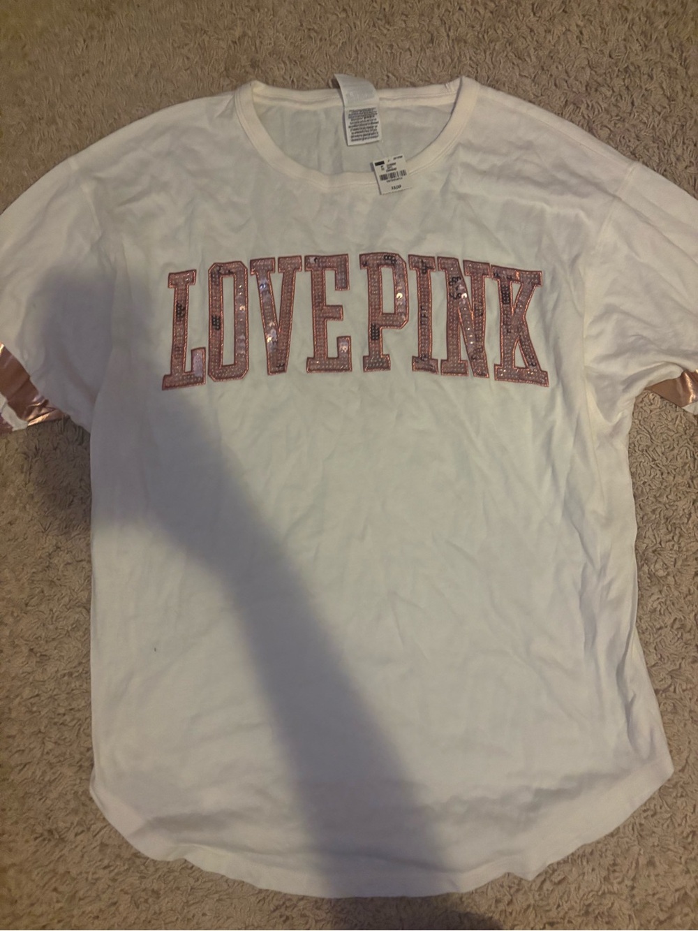 PINK Victoria's Secret White Tee with Pink Glitter LOVE PINK Logo